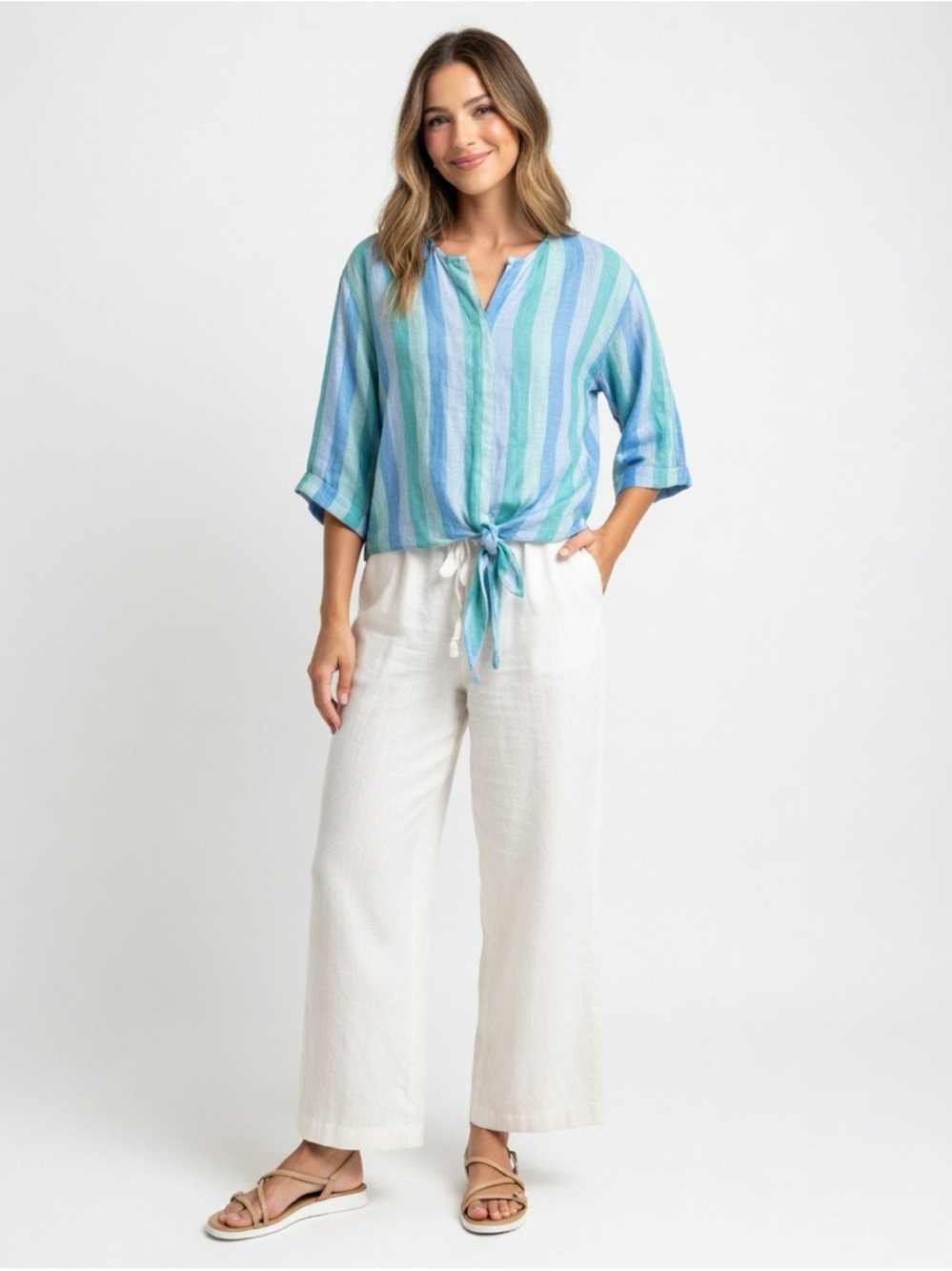 Bella Dahl Blue & Aqua Striped Tie-Front Blouse – Size Medium
